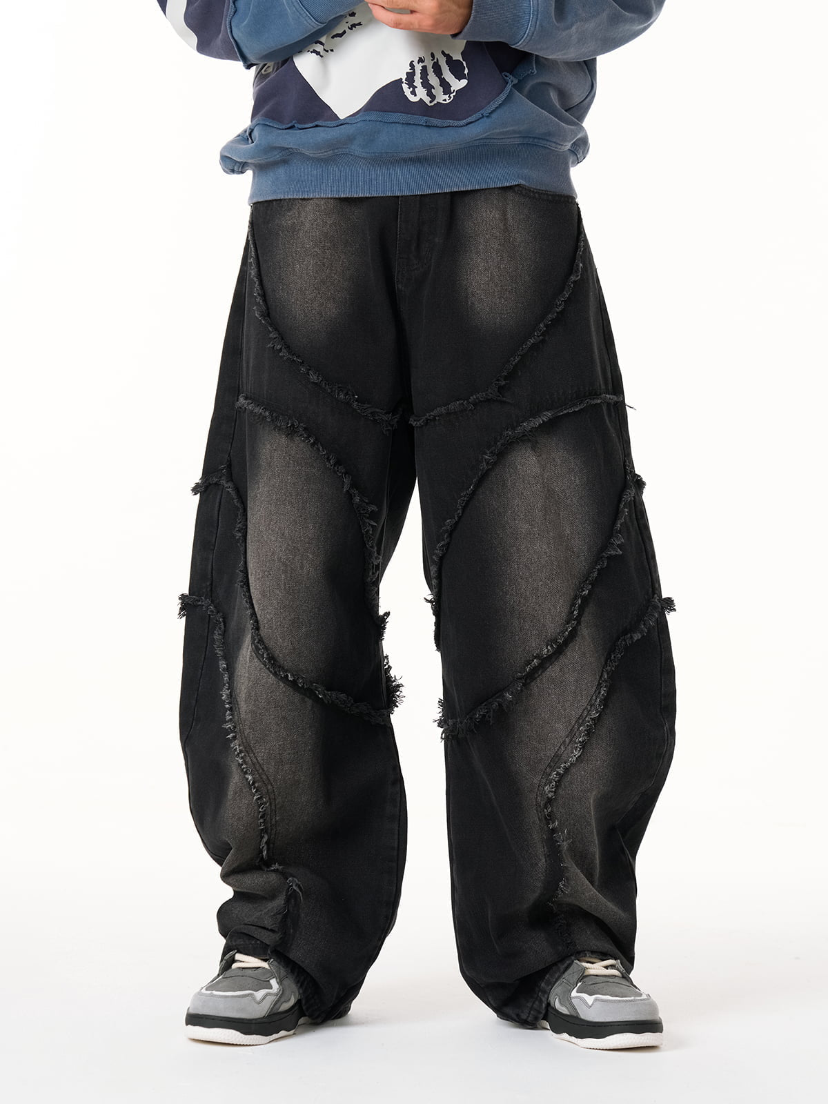Washed Distressed Raw Edge Barrel Jeans