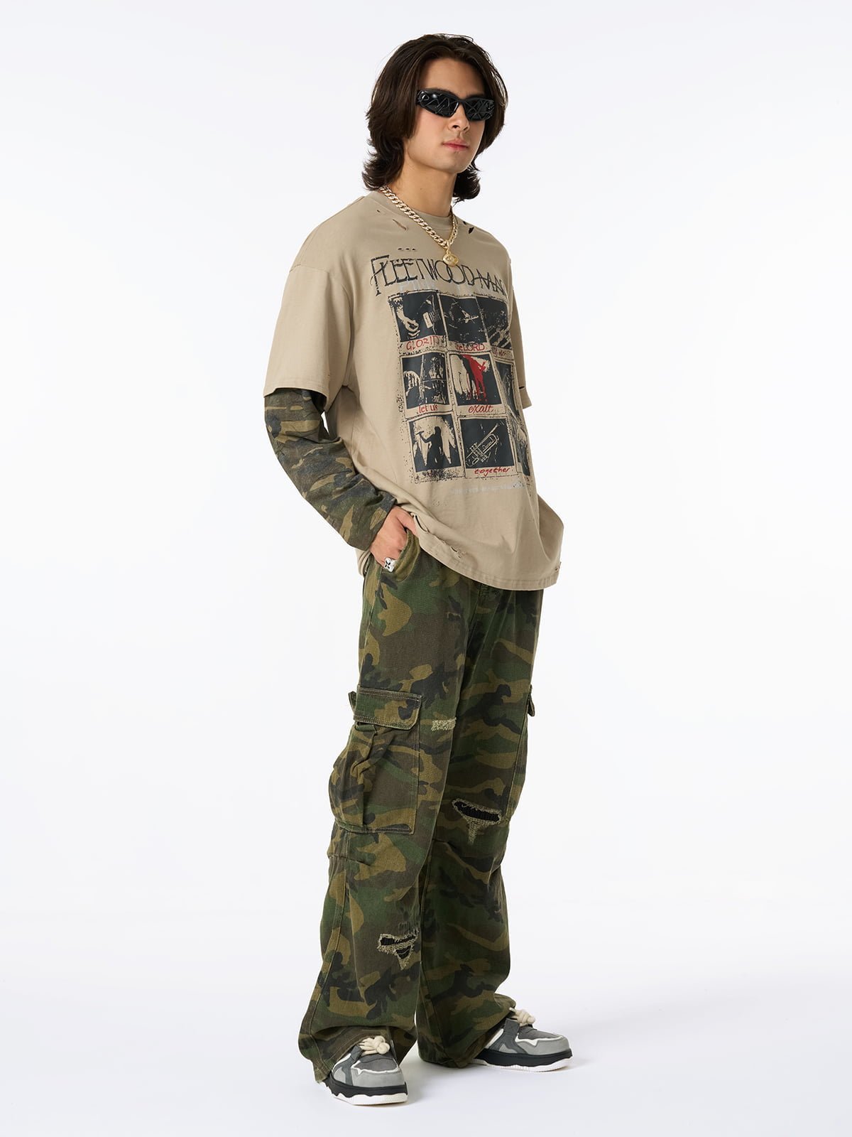 Jersey Distressed Camouflage Faux Two-Piece Graphic T-Shirt