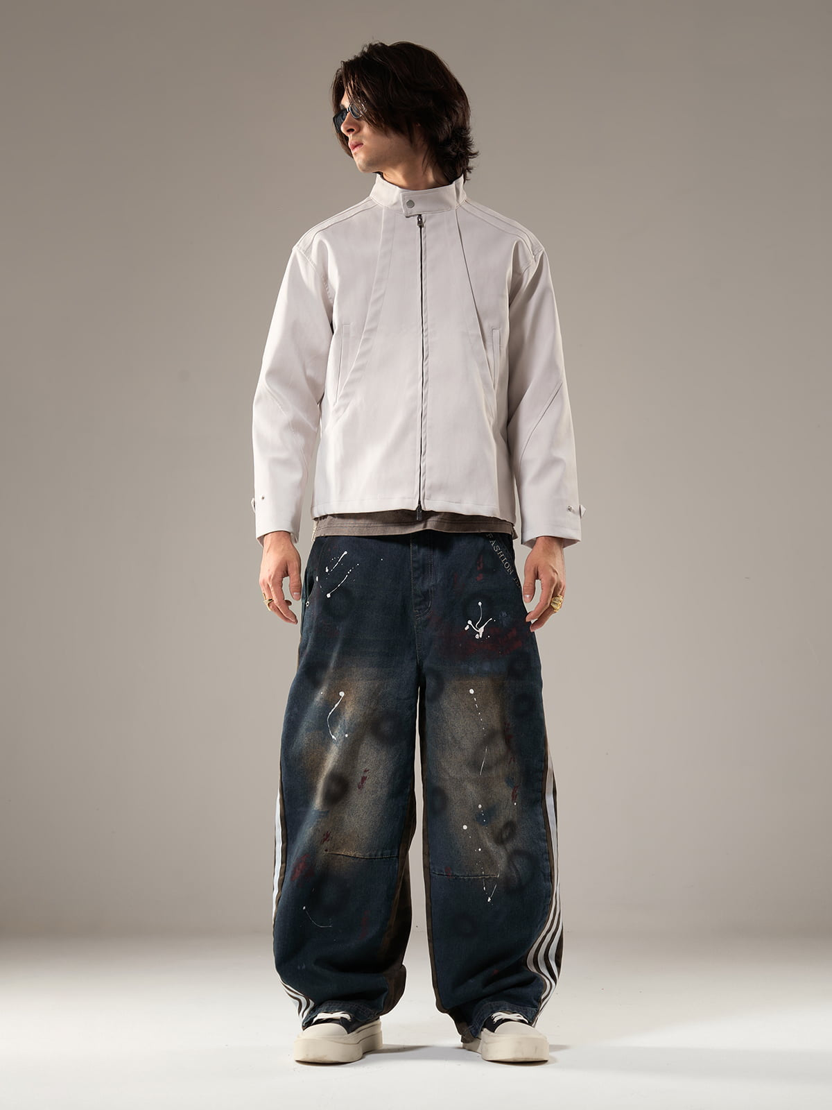 Deconstructed Split Stand Collar PU Leather Jacket