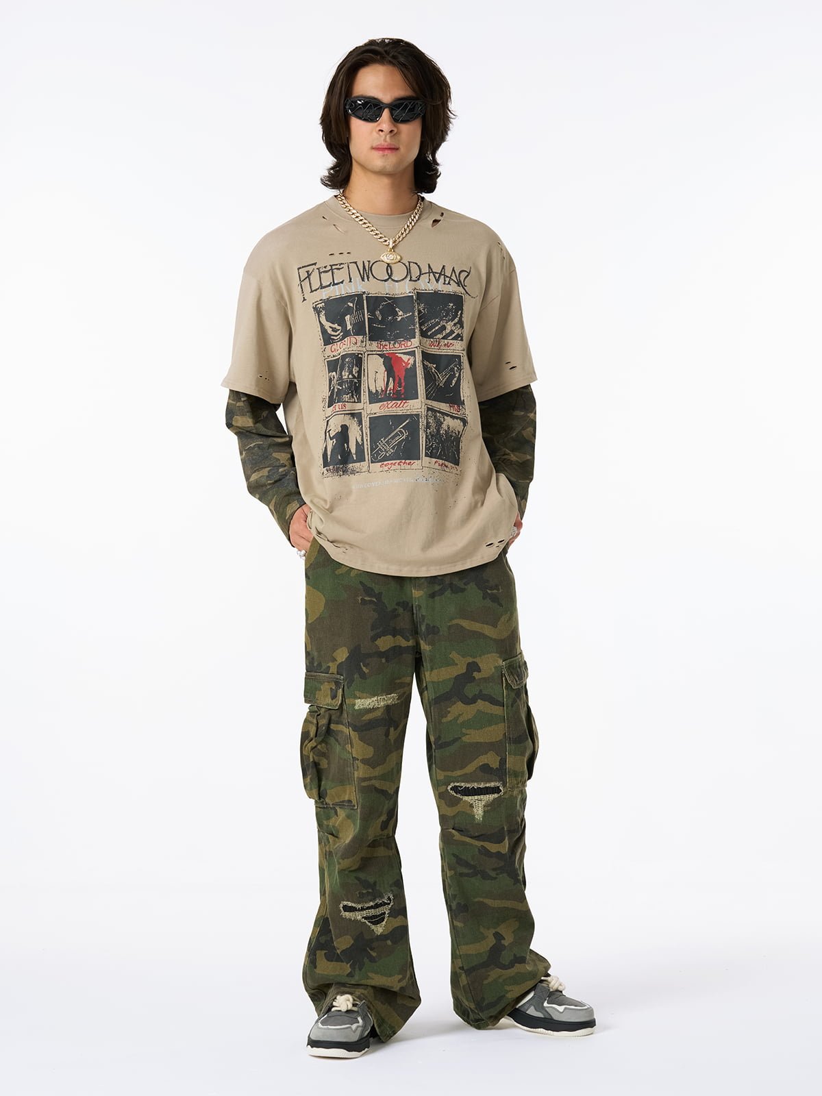 Woven Ripped Camouflage Flared Cargo Pants