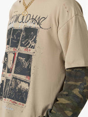 Jersey Distressed Camouflage Faux Two-Piece Graphic T-Shirt