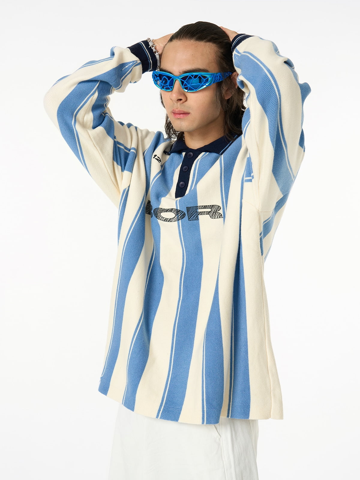 Retro Striped Polo Collar Sports Jersey Knit Sweater