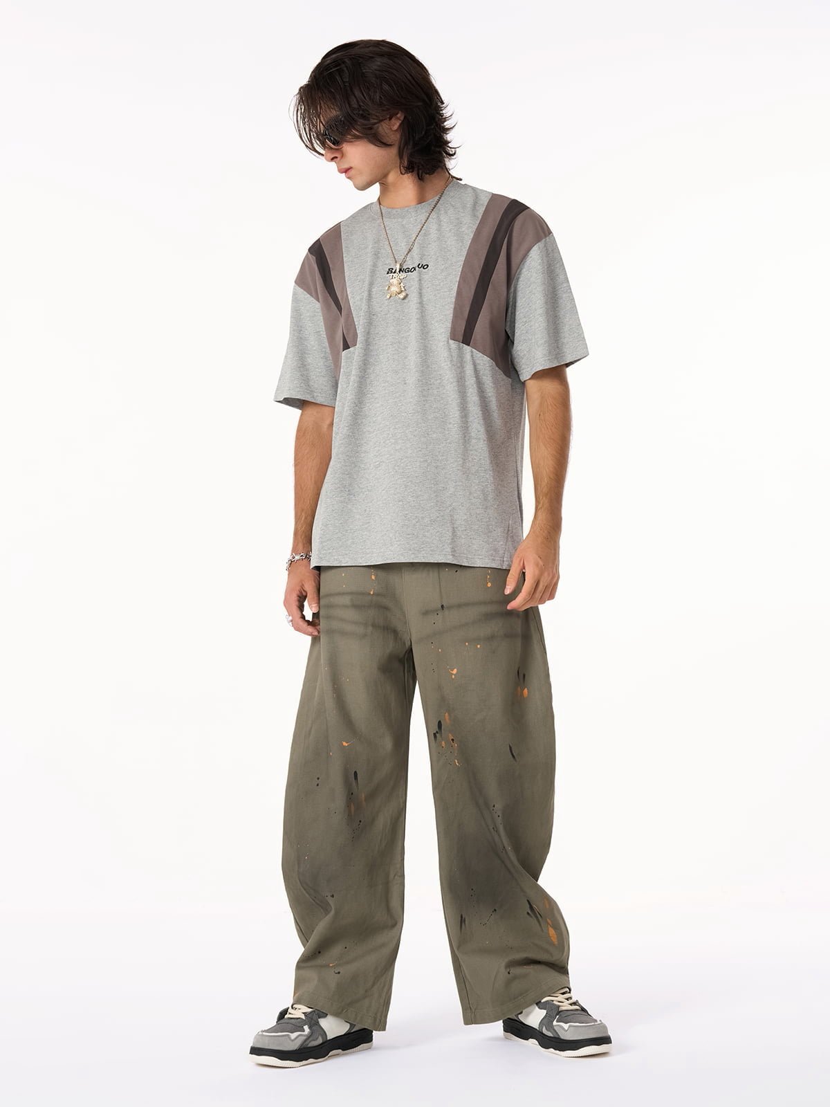 Retro Contrast Color Stitching Embroidered Letter T-shirt