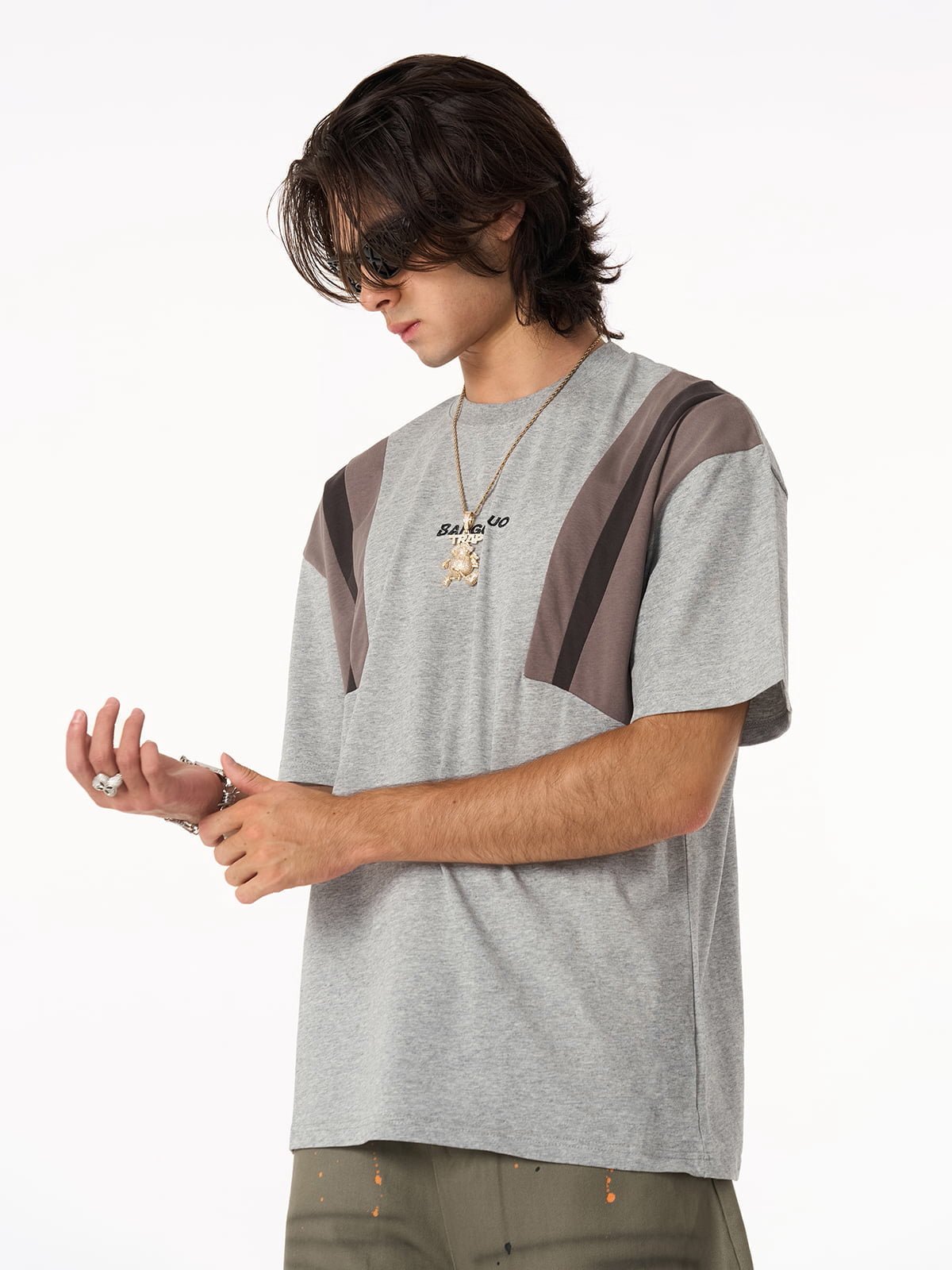 Retro Contrast Color Stitching Embroidered Letter T-shirt