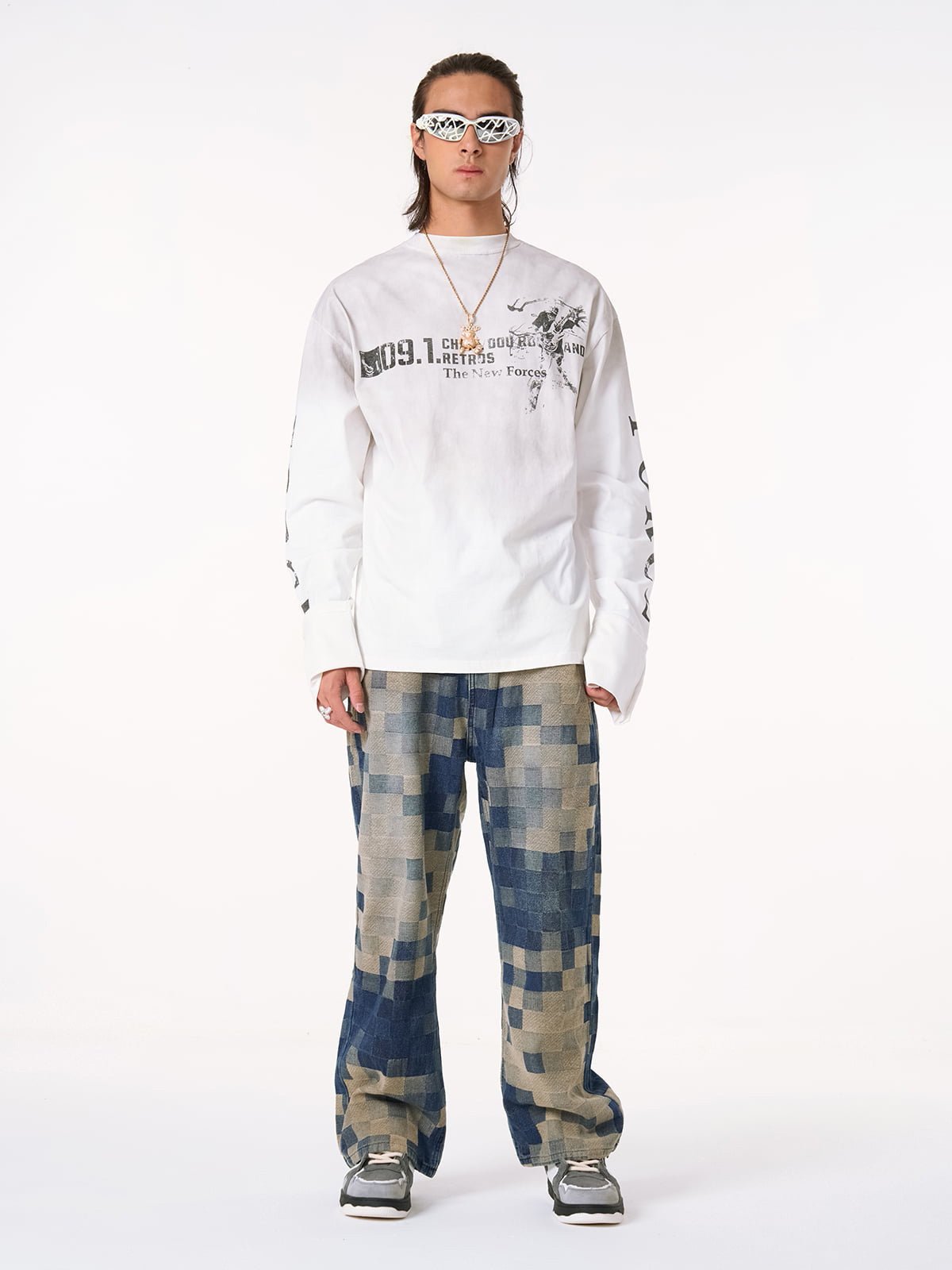 Checkerboard Jacquard Wide Leg Jeans