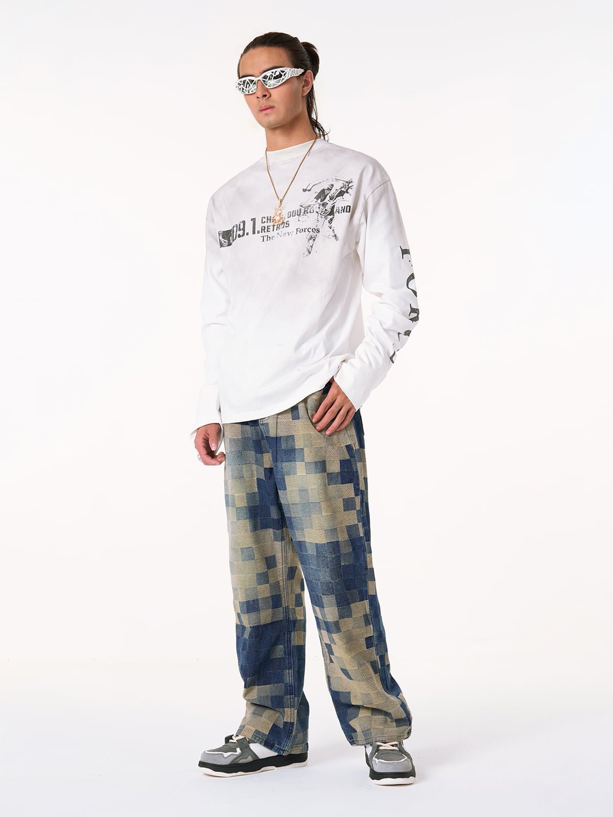 Checkerboard Jacquard Wide Leg Jeans