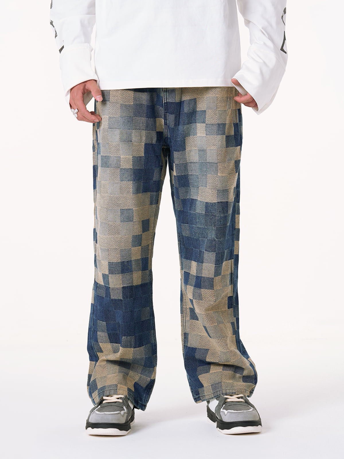 Checkerboard Jacquard Wide Leg Jeans