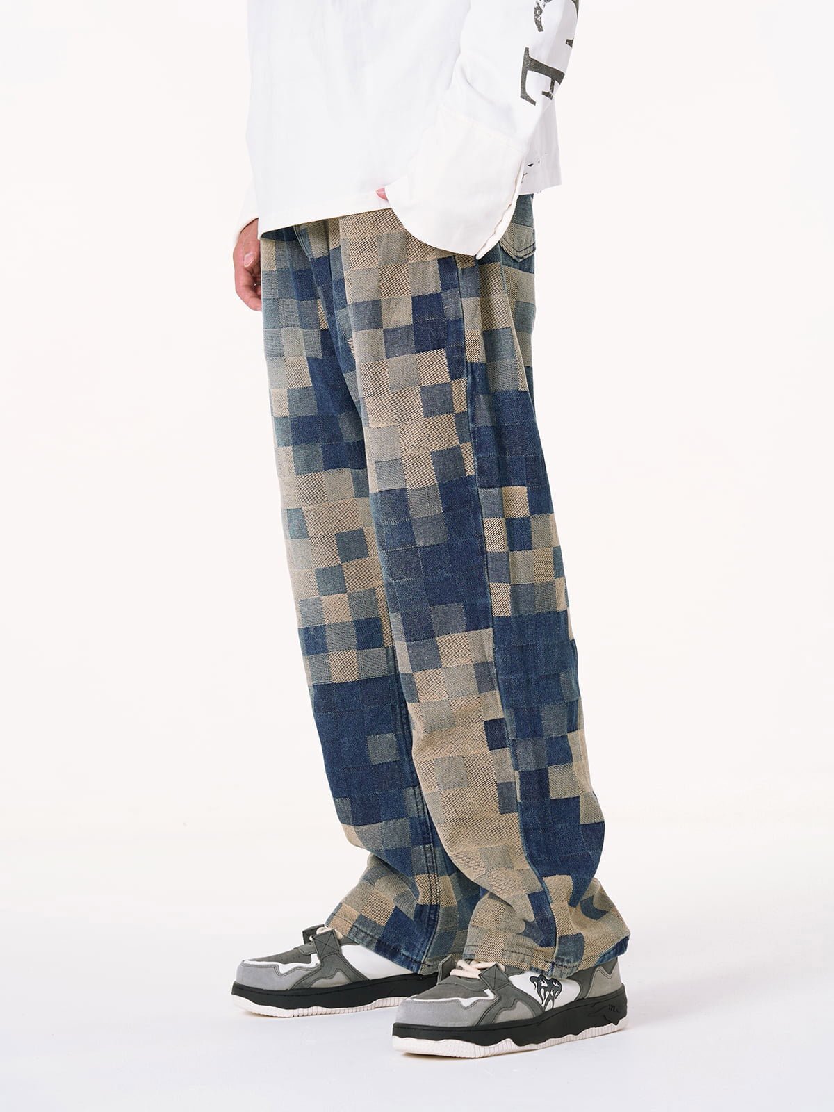 Checkerboard Jacquard Wide Leg Jeans
