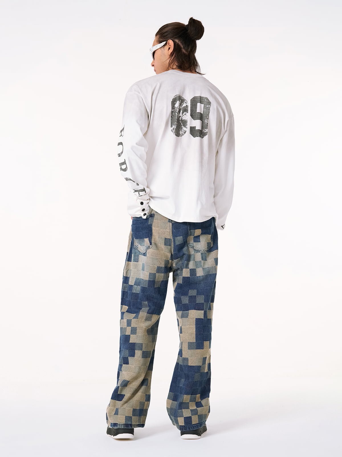 Checkerboard Jacquard Wide Leg Jeans