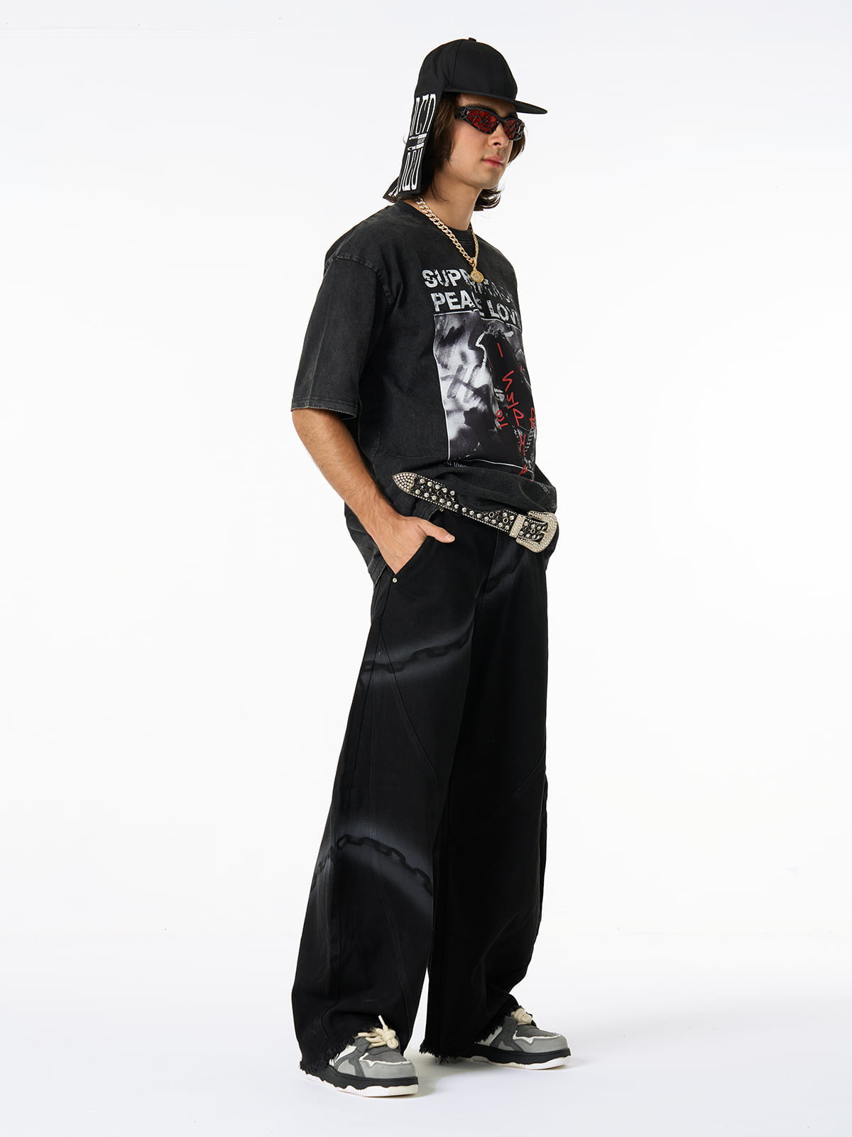 Chain Print Raw Edge Washed Wide-Leg Jeans