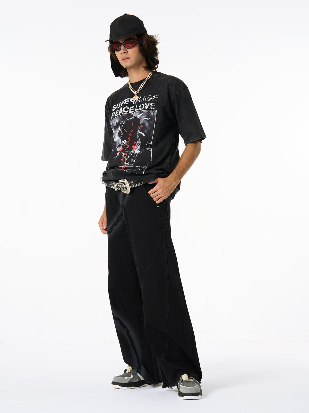 Chain Print Raw Edge Washed Wide-Leg Jeans