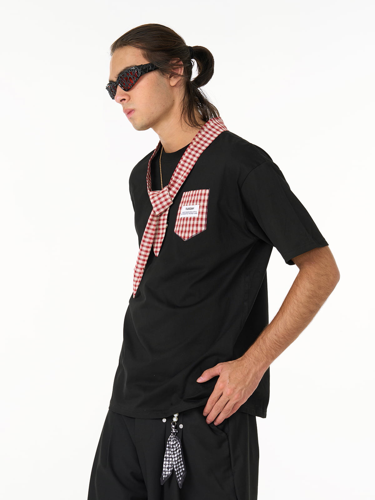 Street Plaid Tie Short Sleeve T-Shirt