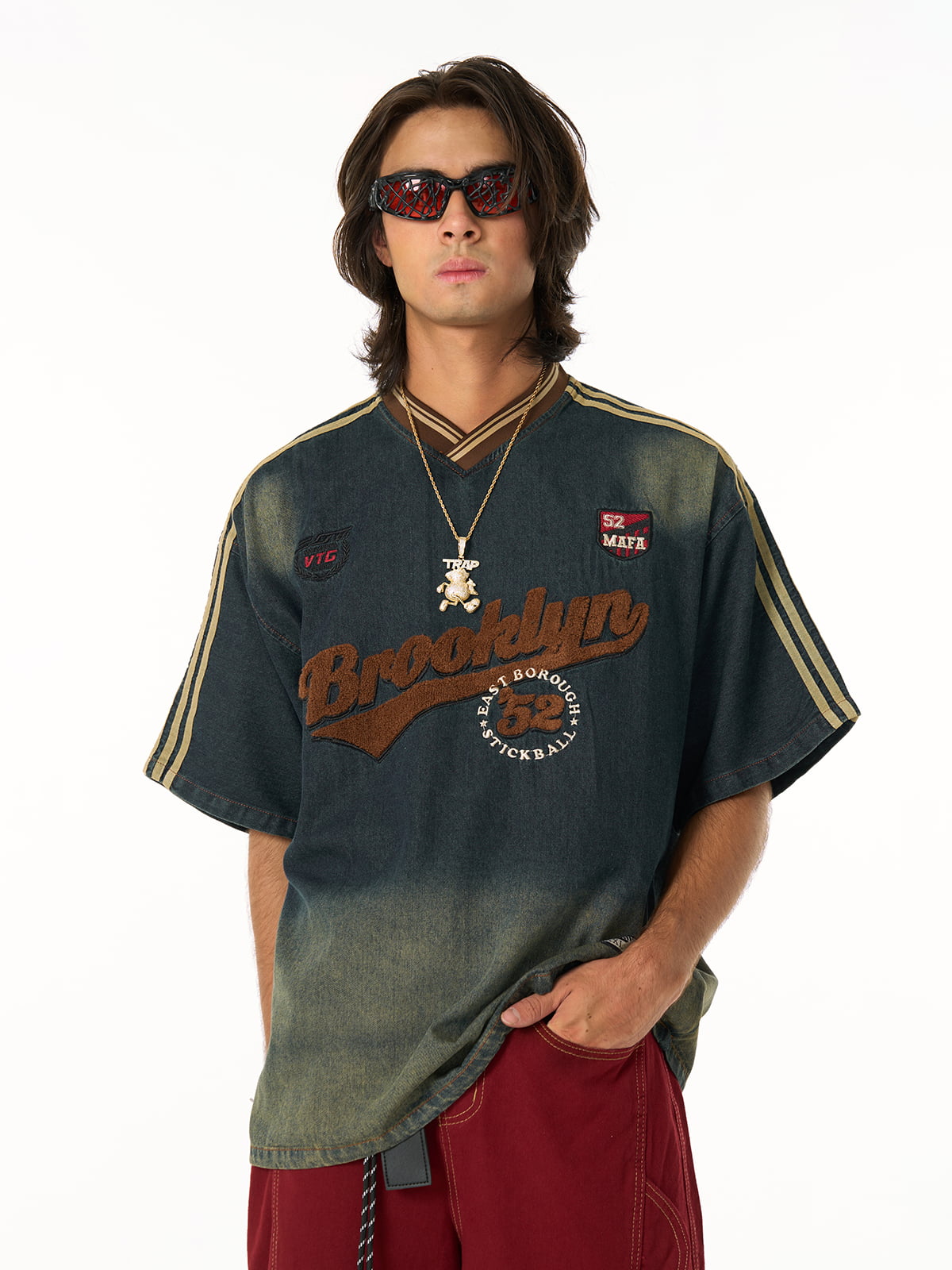 Denim Vintage Washed Distressed Gradient Embroidery T-Shirt