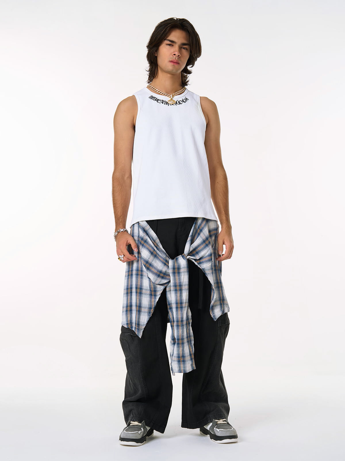 Denim Faux Two-piece Plaid Detachable Scimitar Jeans
