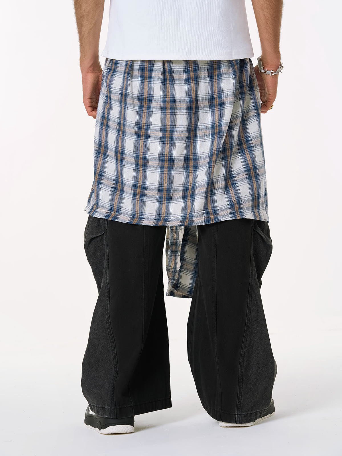Denim Faux Two-piece Plaid Detachable Scimitar Jeans