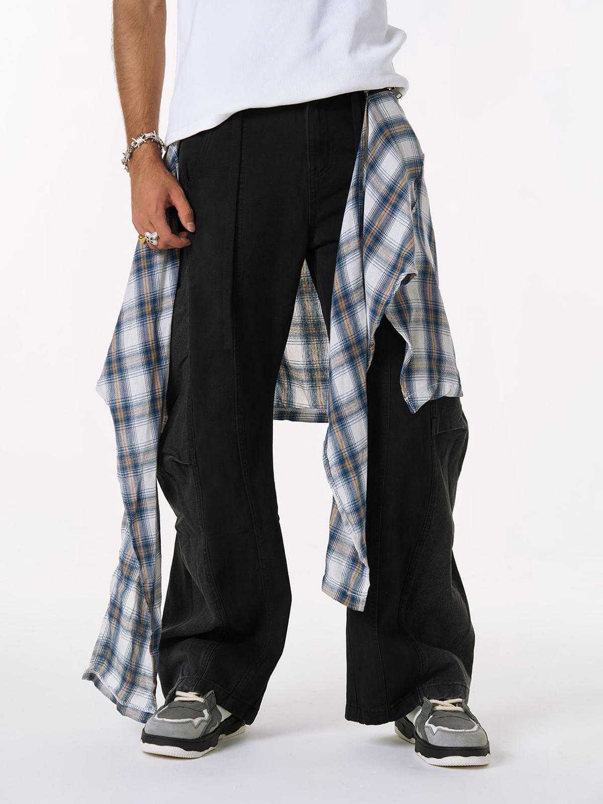 Denim Faux Two-piece Plaid Detachable Scimitar Jeans