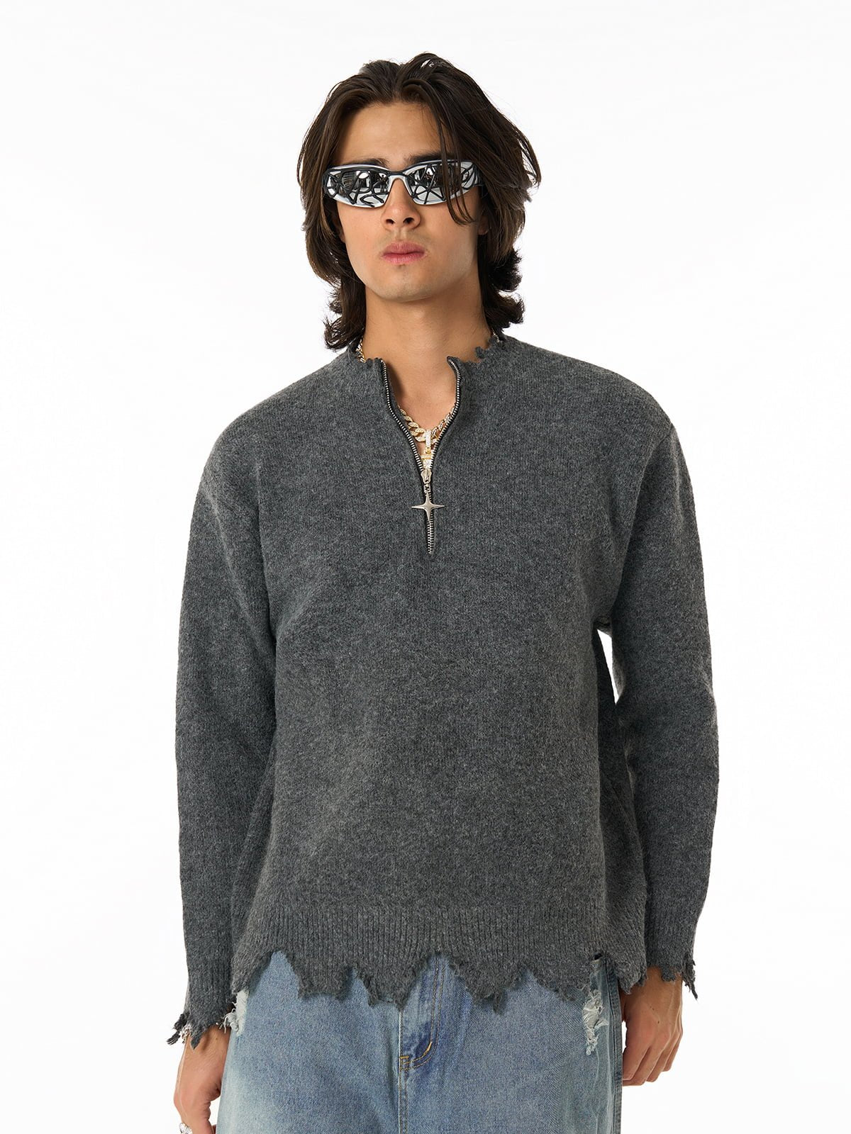 Distressed Quarter Zip Sweater