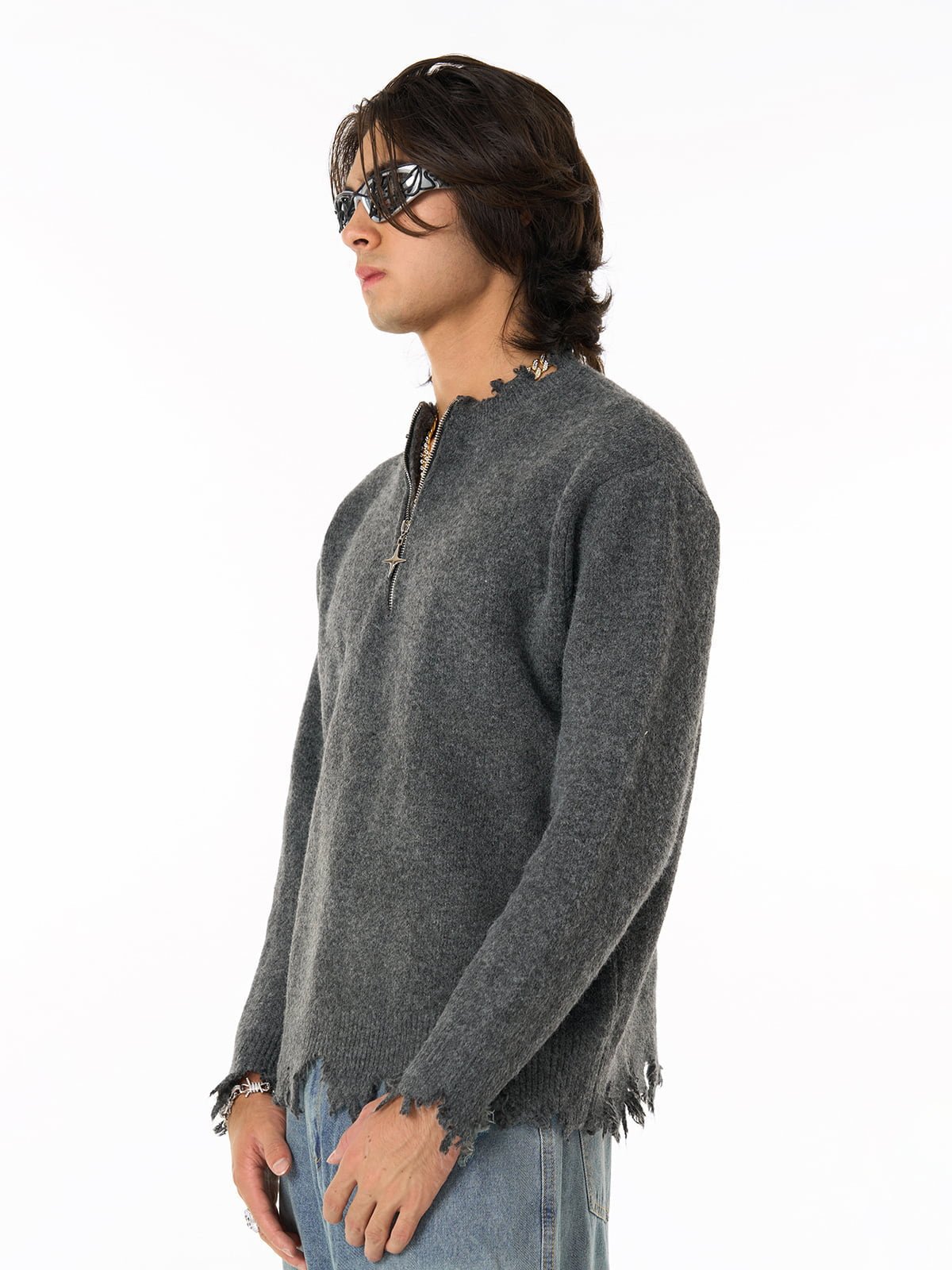 Distressed Quarter Zip Sweater