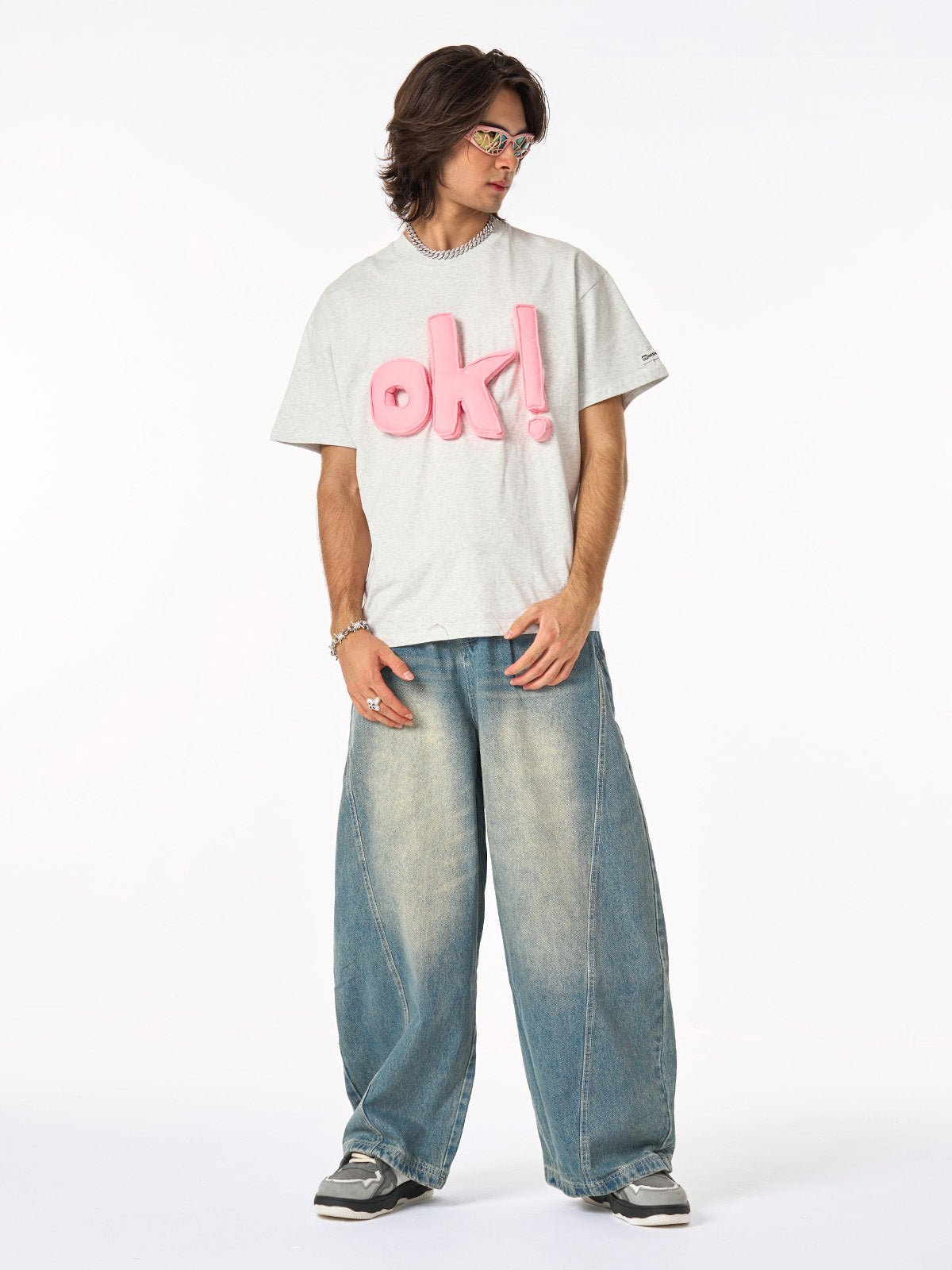 Washed Wide-Leg Balloon Jeans