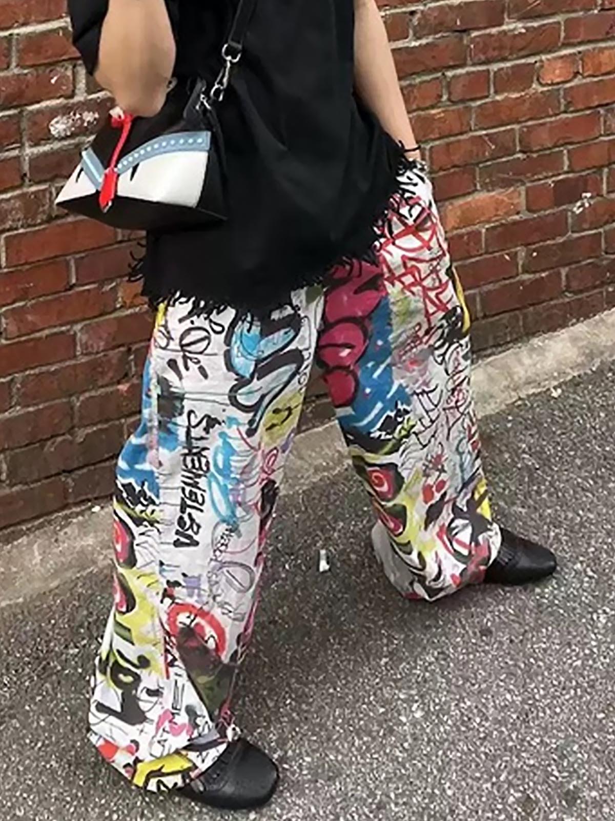 High Street Digital Print Graffiti Wide-Leg Jeans