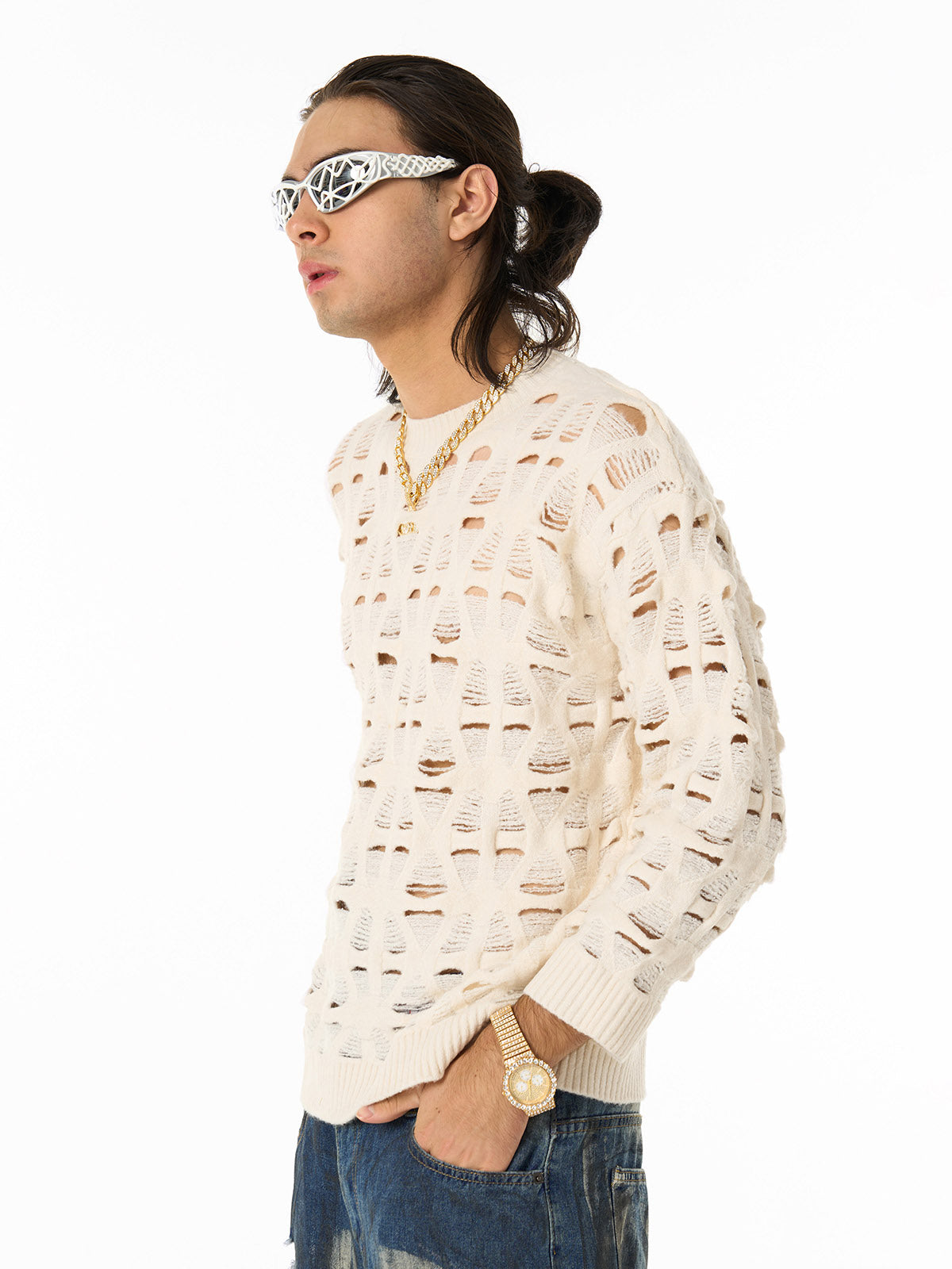 Ripped Openwork Crewneck Sweater