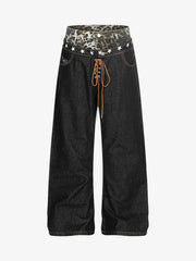 Leopard Star Print Double Waist Tie Jeans