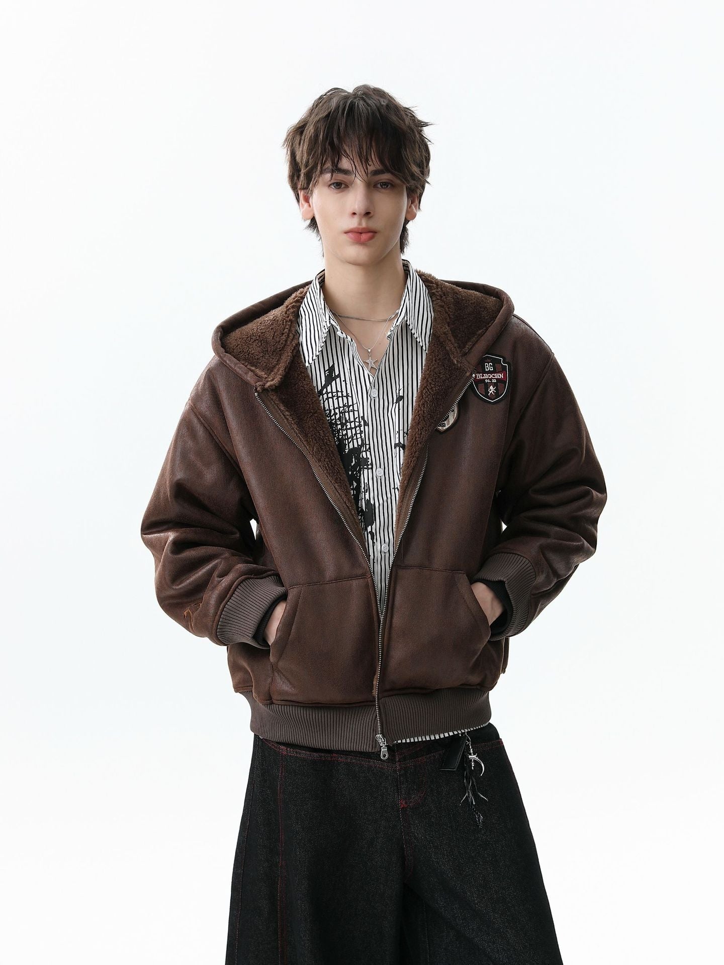 Vintage Leather Badge Fleece-lined Hooded Zip Bomber Jacket