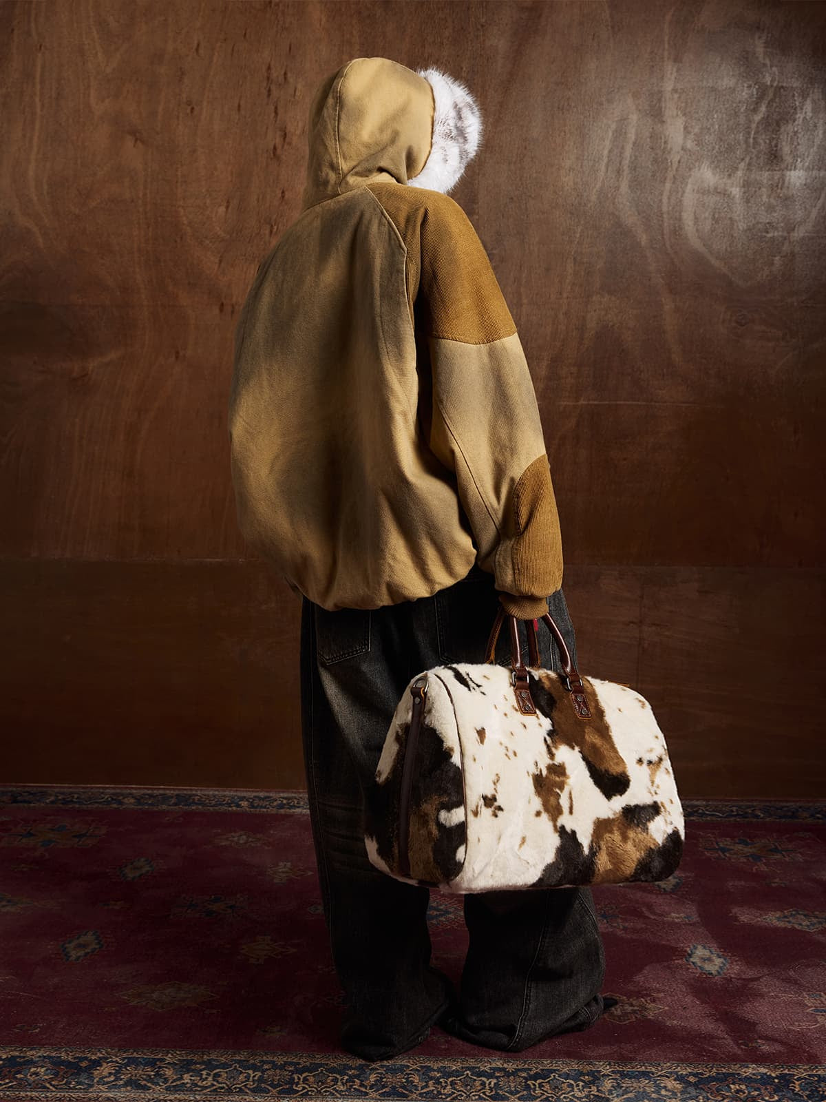 Street Vintage Fog-Dyed Fur Collar Patchwork Hooded Padded Jacket