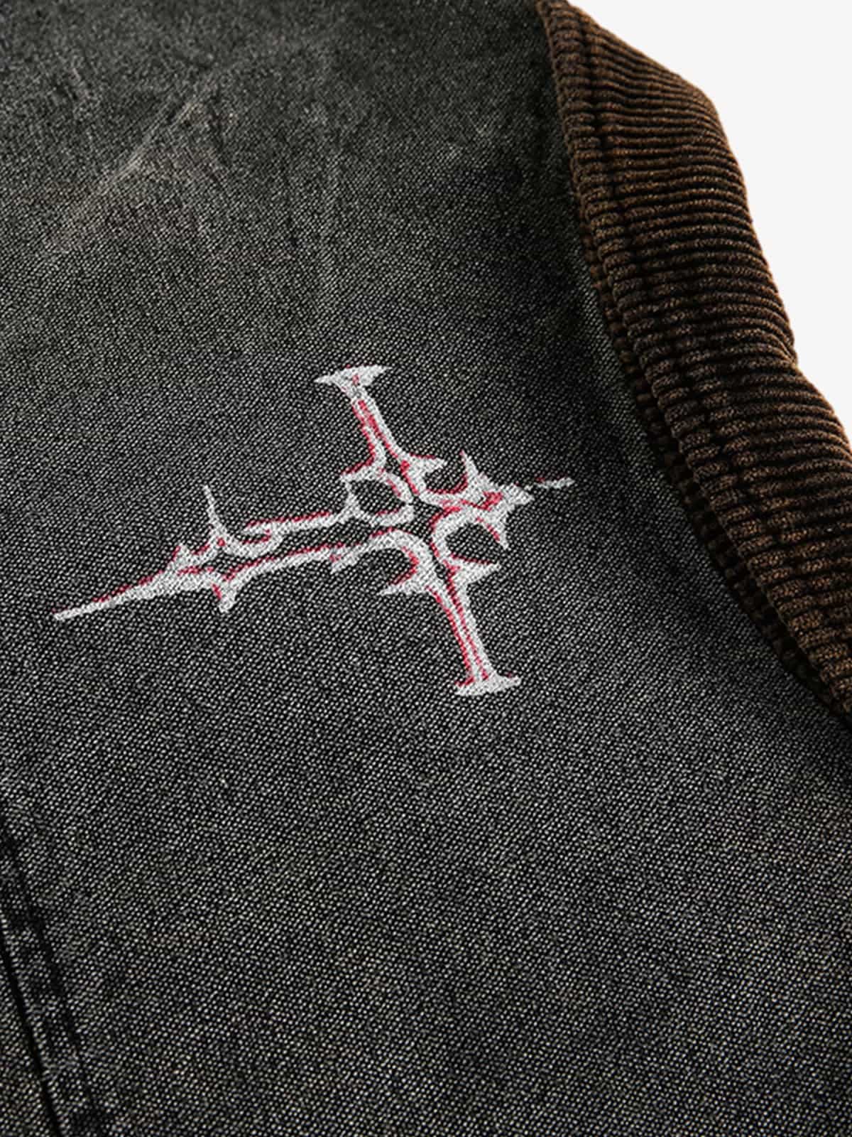 Washed And Distressed Dark Graffiti Patchwork Jacket
