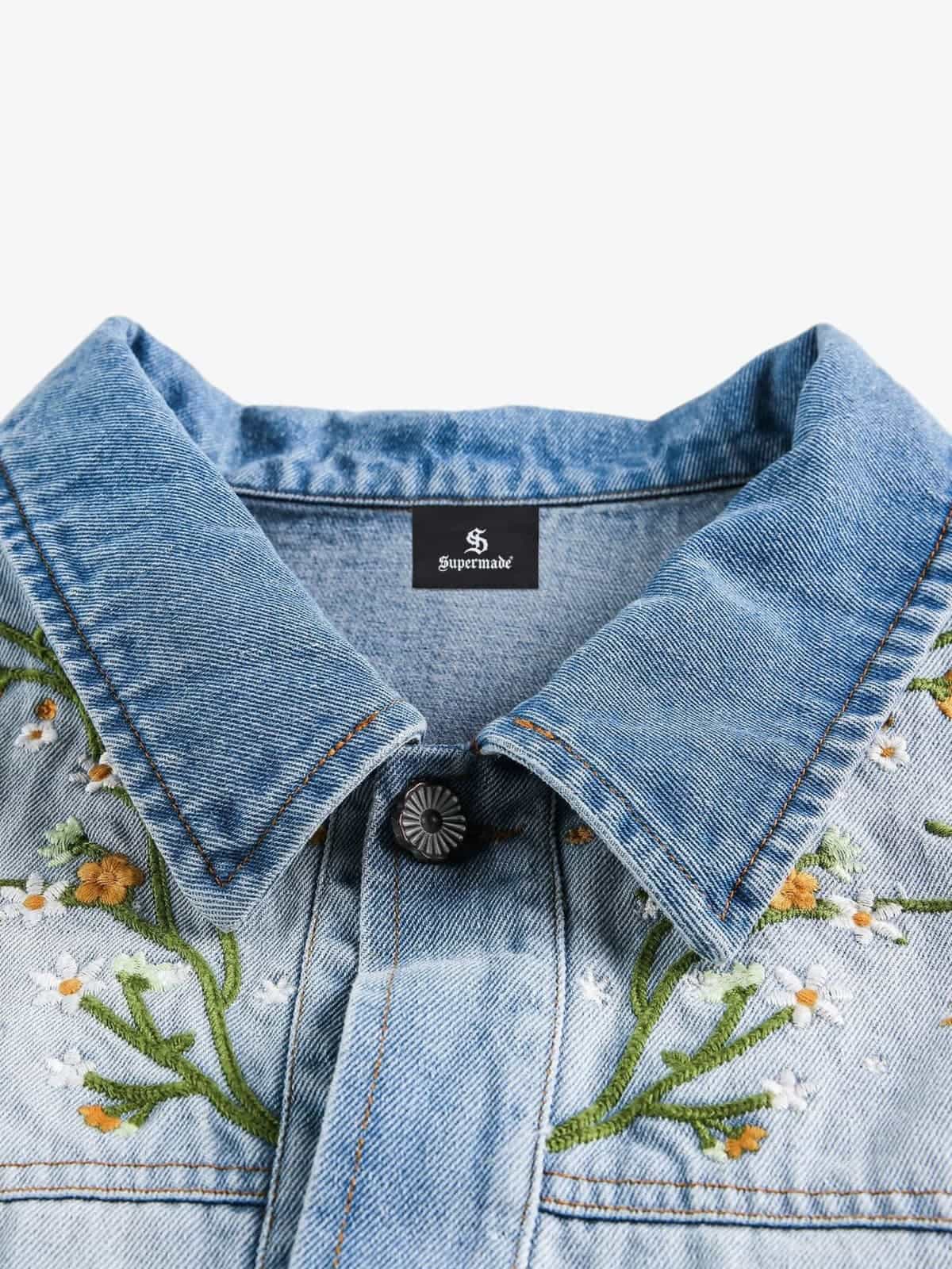 Denim Gradient-Dyed Floral Embroidered Jacket