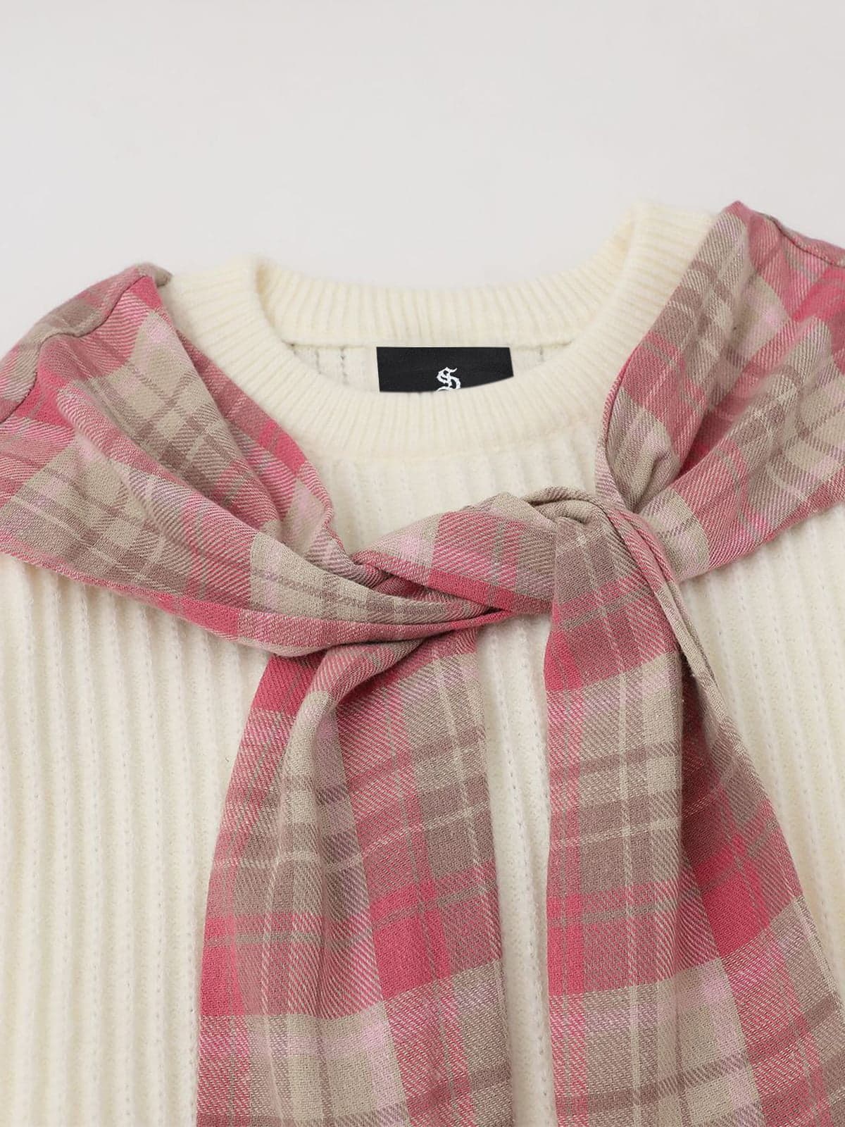 Plaid Scarf Patchwork Contrast Knit Sweater