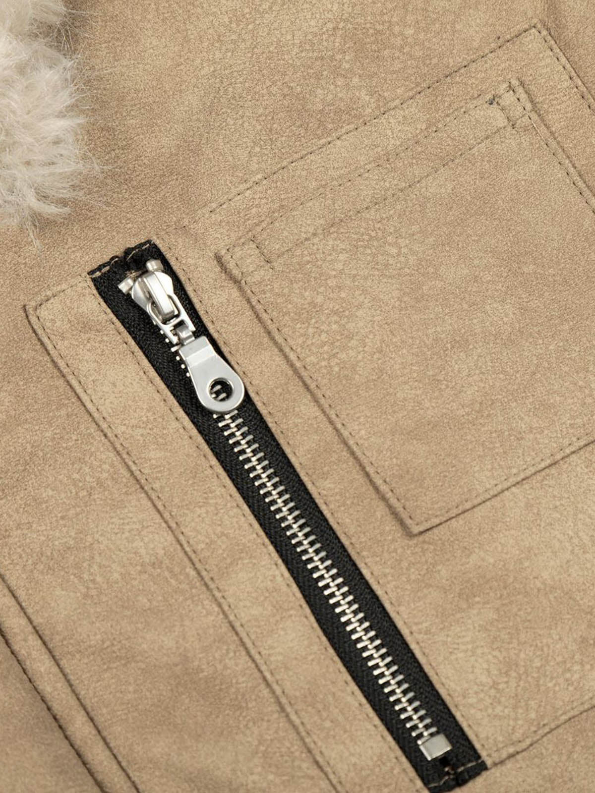 Vintage Fur Collar PU Leather Badge Embroidery Work Jacket