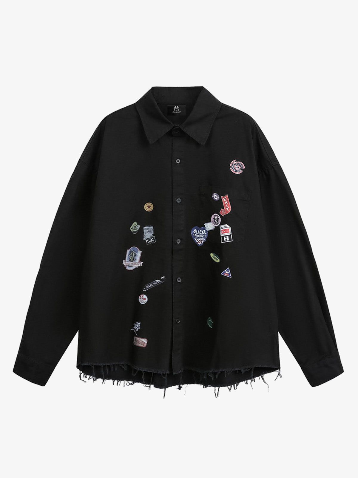 Fun Distressed Raw-Edge Printed Long-Sleeved Shirt