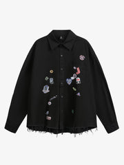 Fun Distressed Raw-Edge Printed Long-Sleeved Shirt