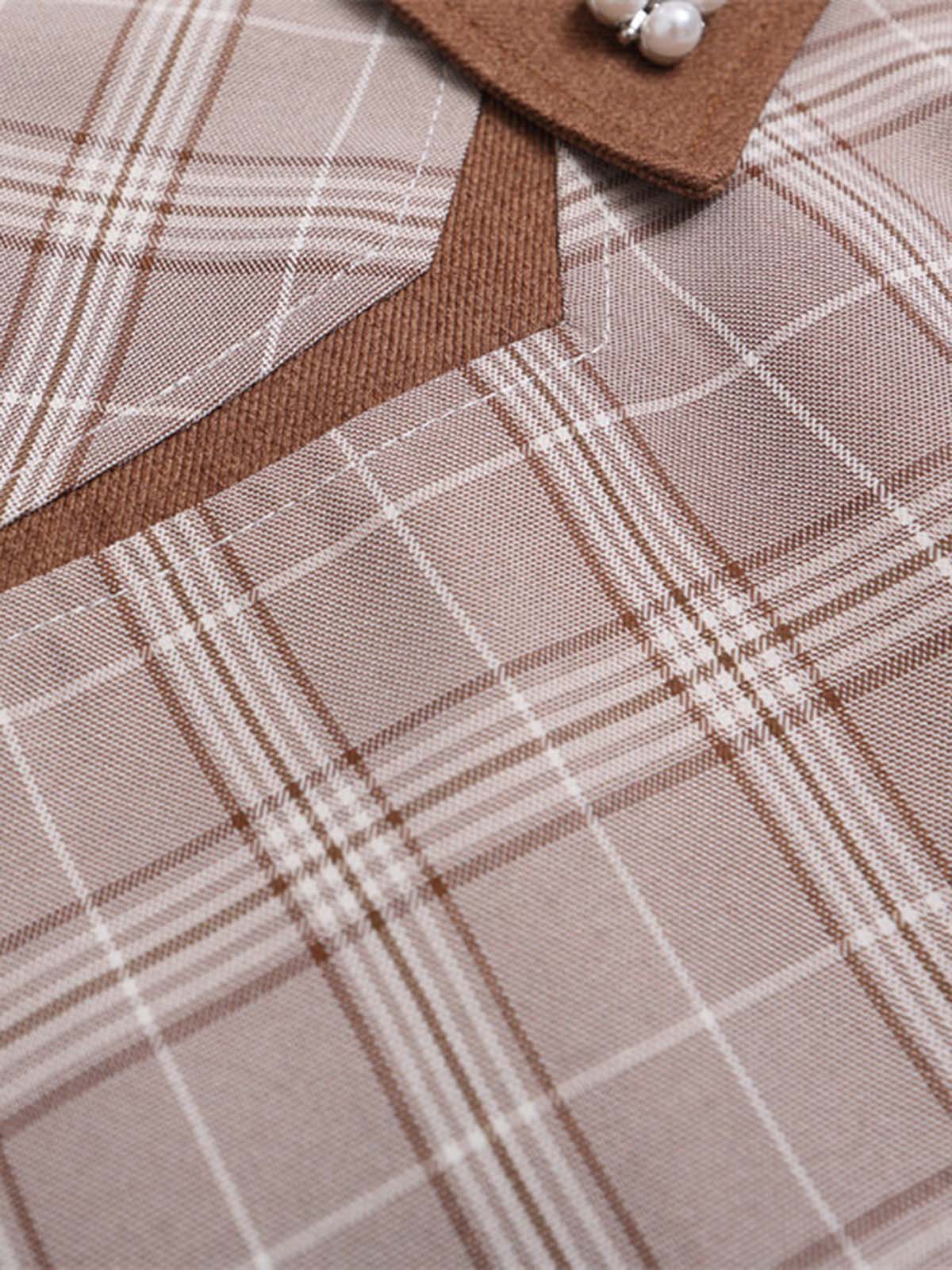 Faux Two-piece Pearl Button Plaid Short-Sleeved Shirt