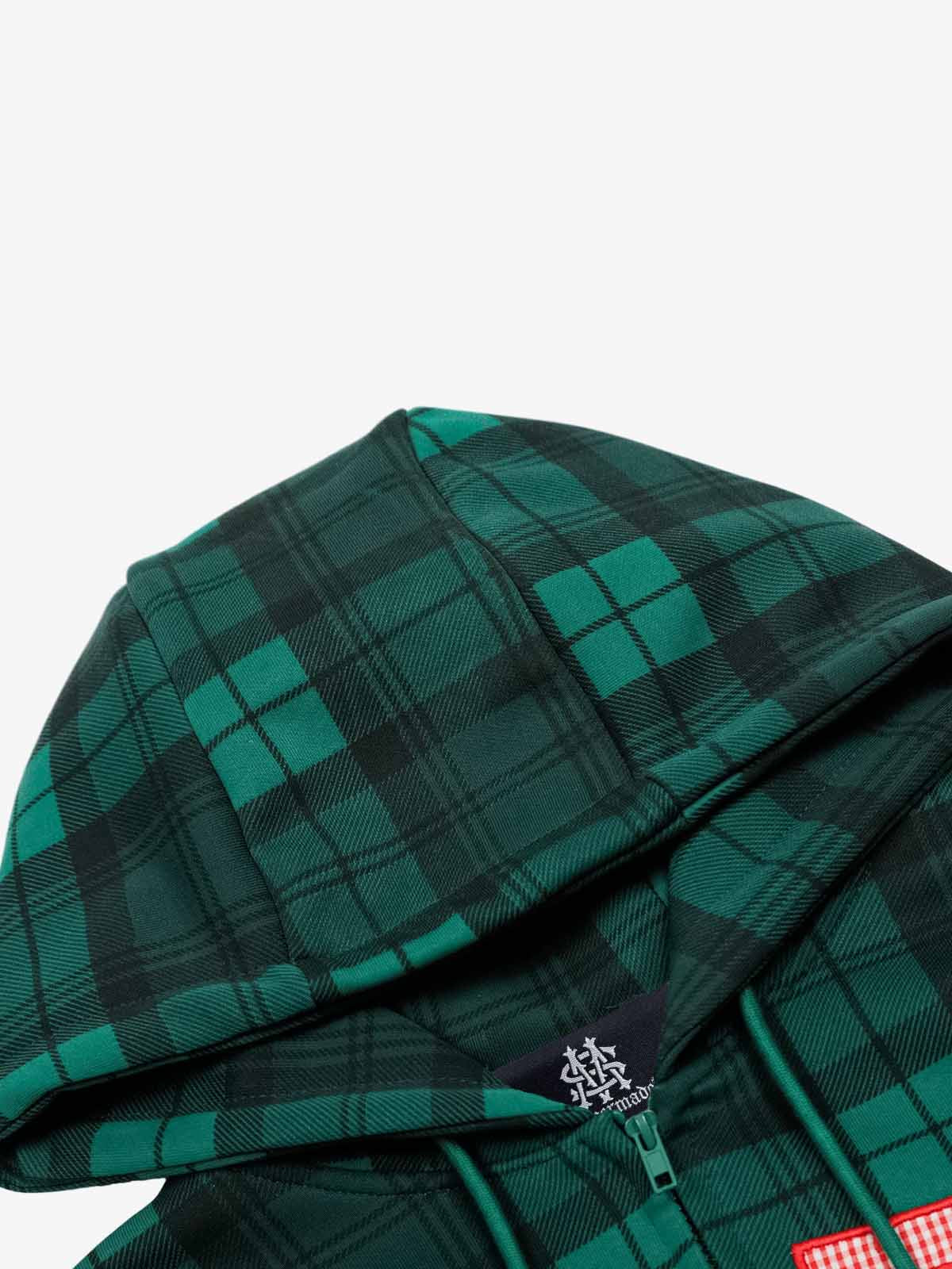 Retro Plaid Patch Embroidered Cardigan Hooded Sweatshirt