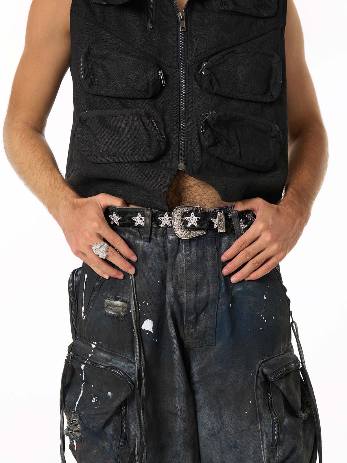 Heavy Dirty Dyed Multi-Pocket Drawstring Work Jeans