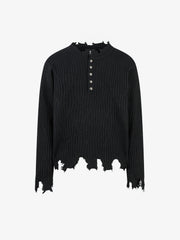 Knitted Distressed Diamond Pattern Raw Edge Sweater