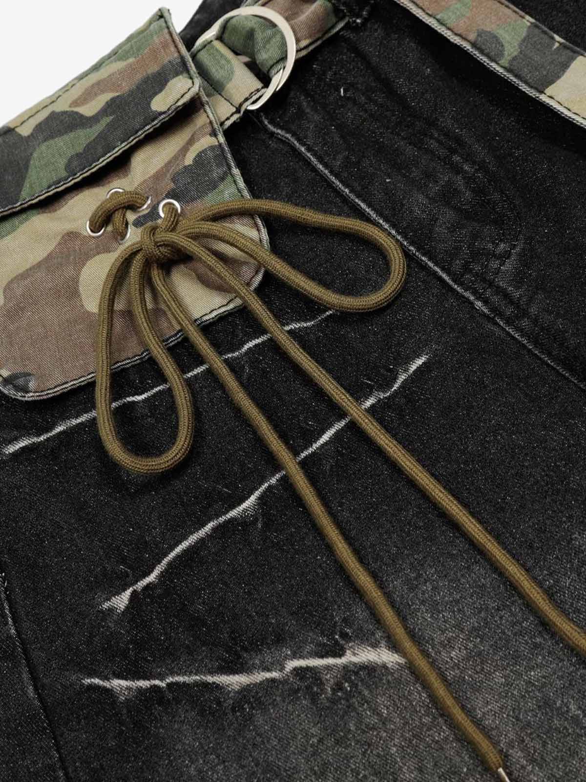 Vintage Washed Ripped Camouflage Patchwork Jeans