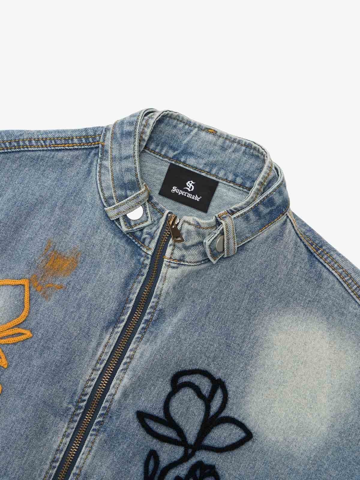 Retro Street Floral Embroidery Washed Zipper Denim Jacket