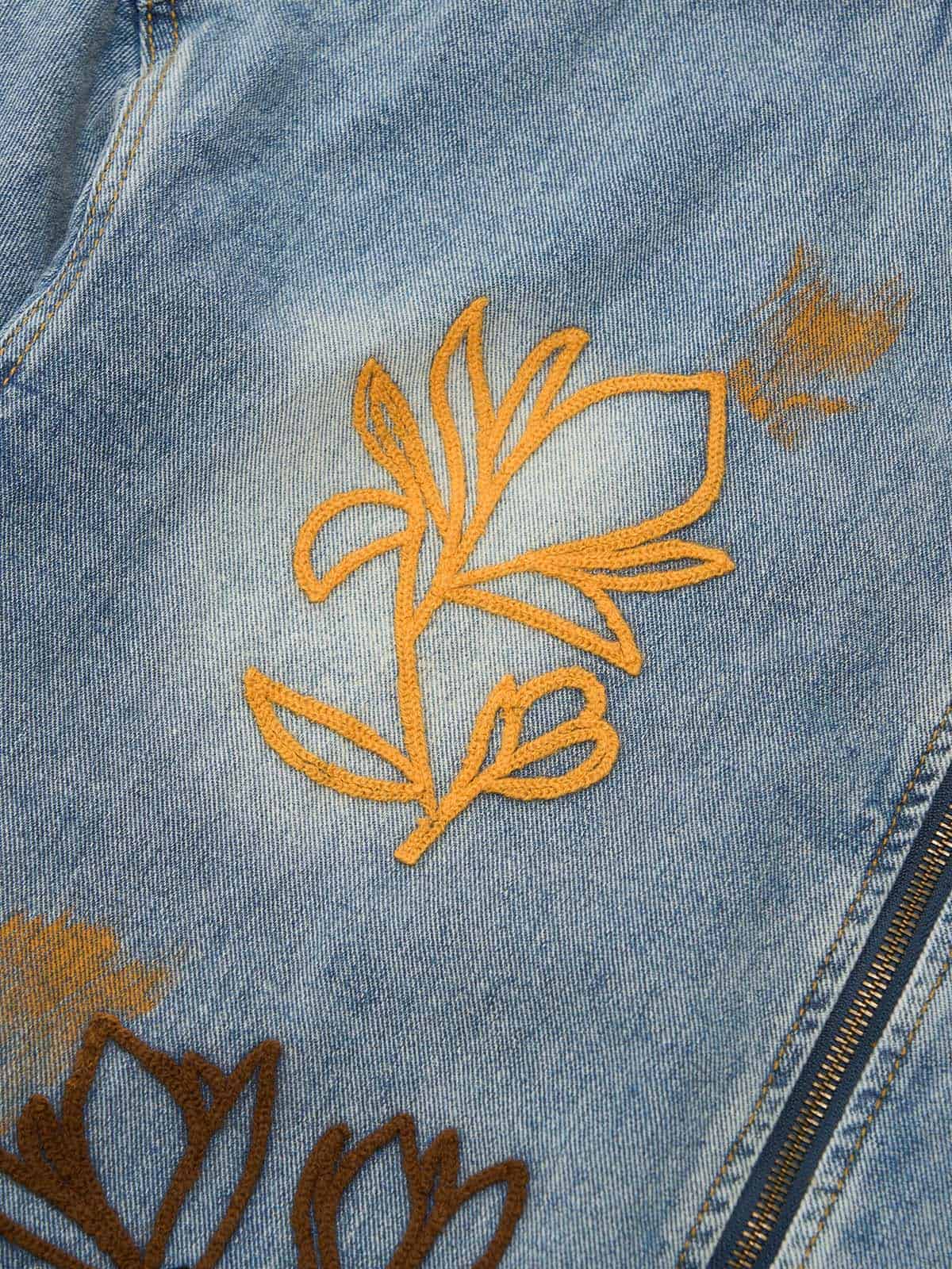 Retro Street Floral Embroidery Washed Zipper Denim Jacket