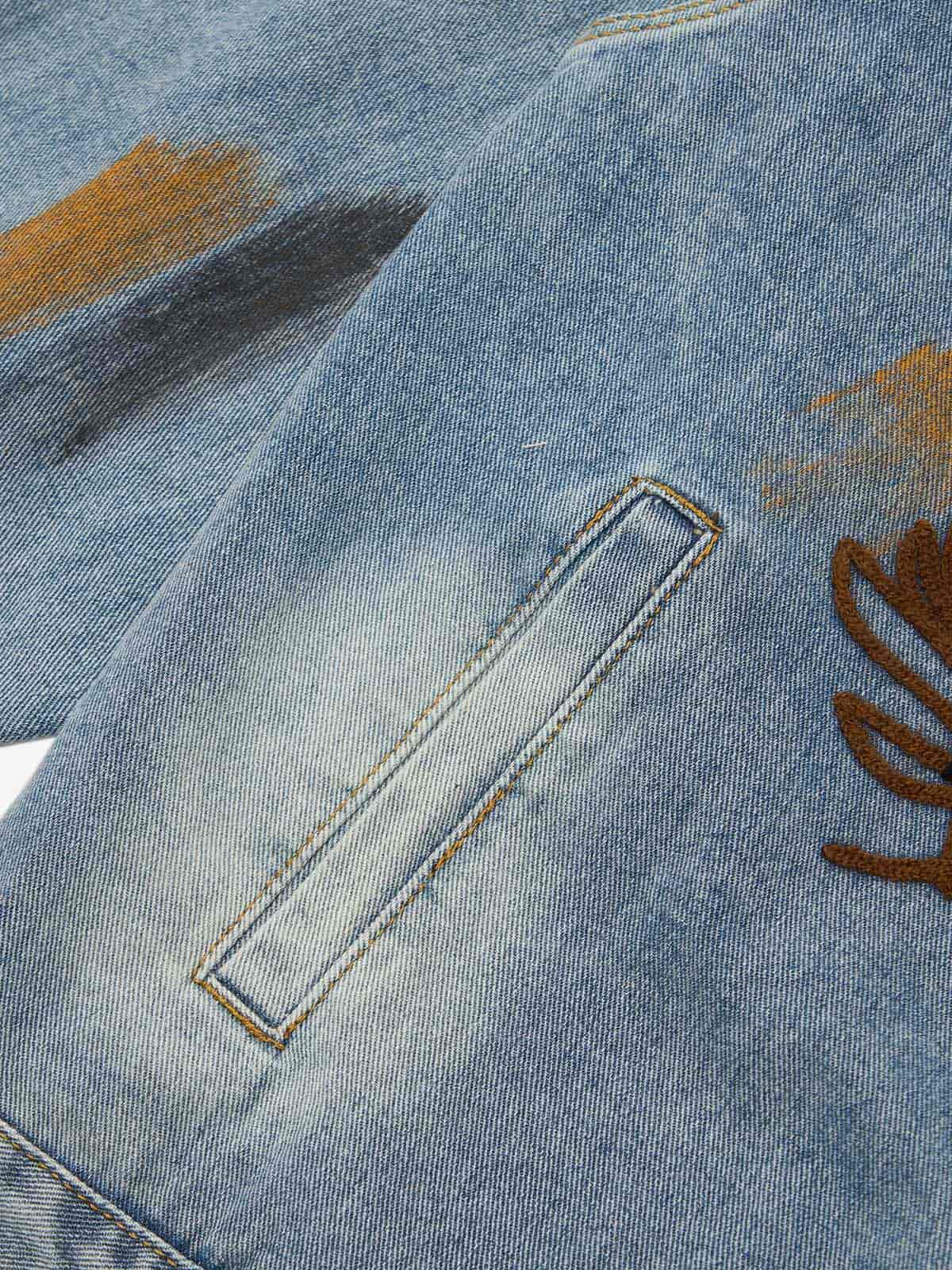 Retro Street Floral Embroidery Washed Zipper Denim Jacket