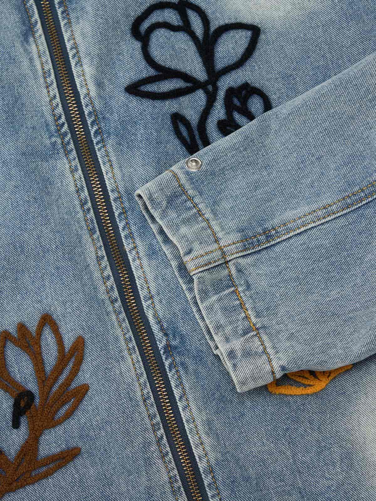 Retro Street Floral Embroidery Washed Zipper Denim Jacket
