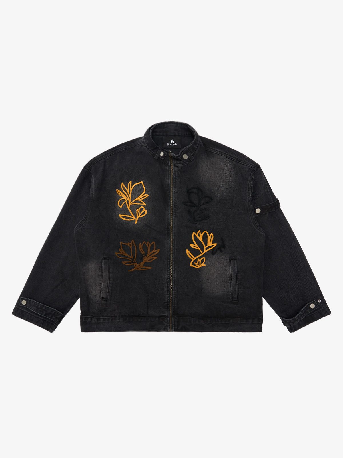 Retro Street Floral Embroidery Washed Zipper Denim Jacket