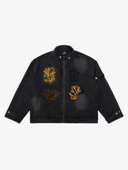 Retro Street Floral Embroidery Washed Zipper Denim Jacket
