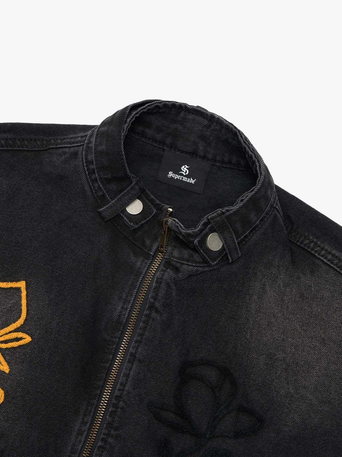 Retro Street Floral Embroidery Washed Zipper Denim Jacket