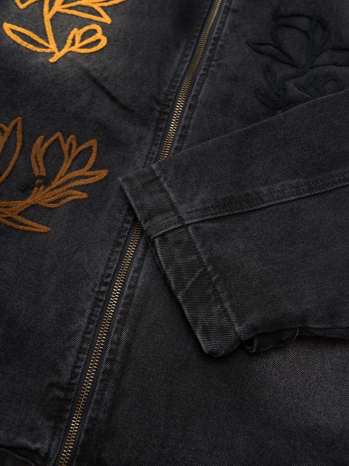 Retro Street Floral Embroidery Washed Zipper Denim Jacket