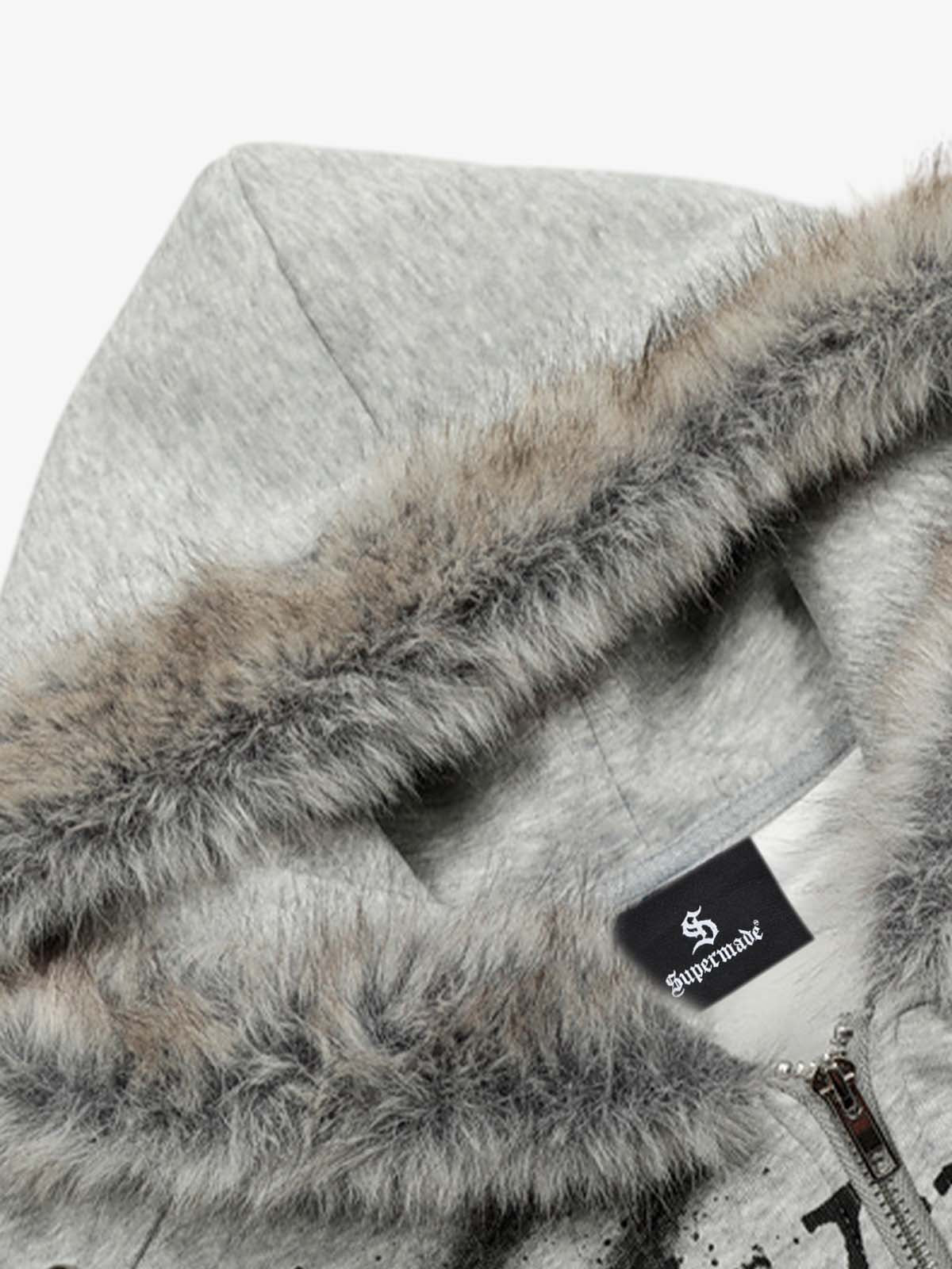 Street Punk Letter Print Fur Collar Hooded Sweatshirt