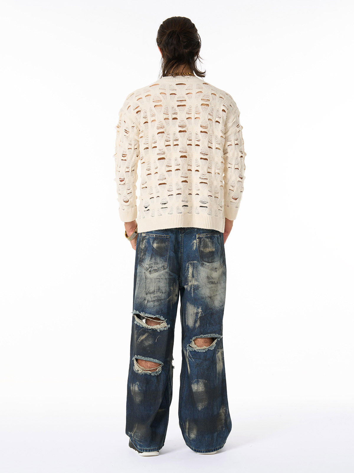 Ripped Openwork Crewneck Sweater
