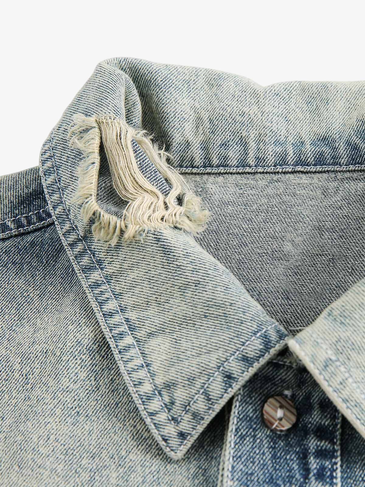 Ripped Embroidered Floral Denim Shirt